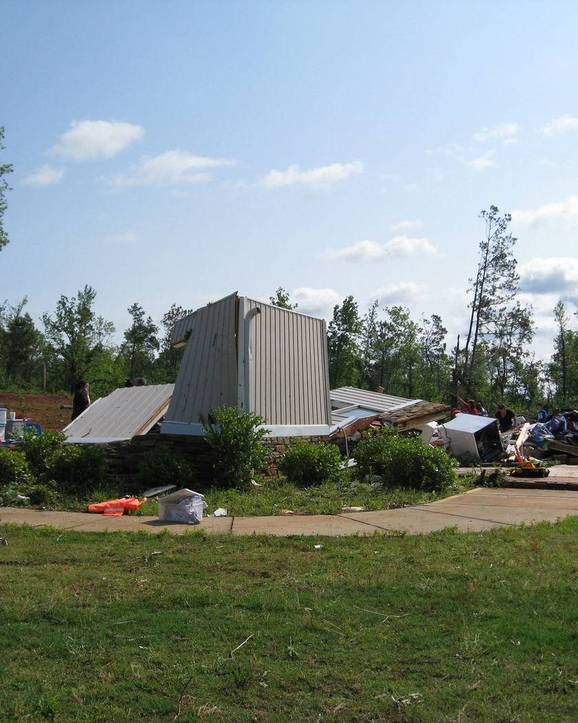 Tornado damage on a street in Barnesville, Georgia