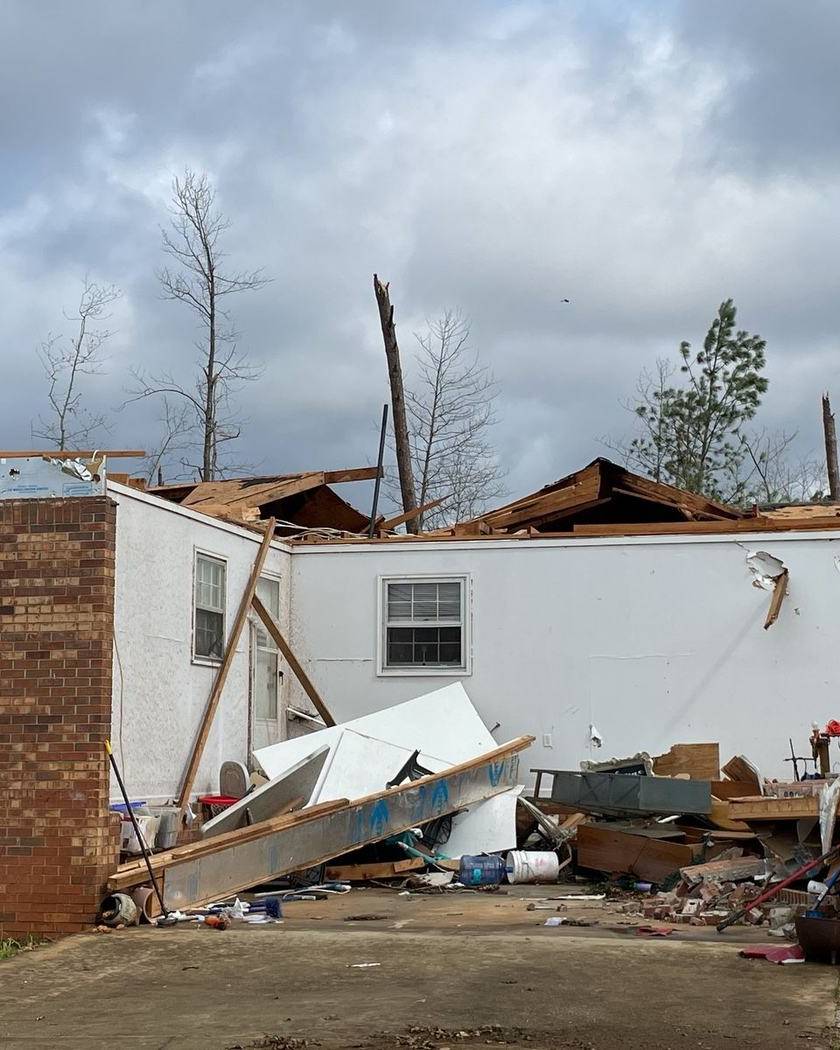 A home torn apart by a tornado in Franklin, Georgia