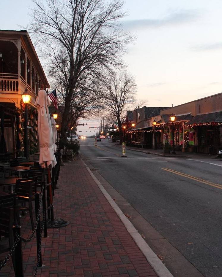 Historic downtown Roswell, Georgia, at dusk